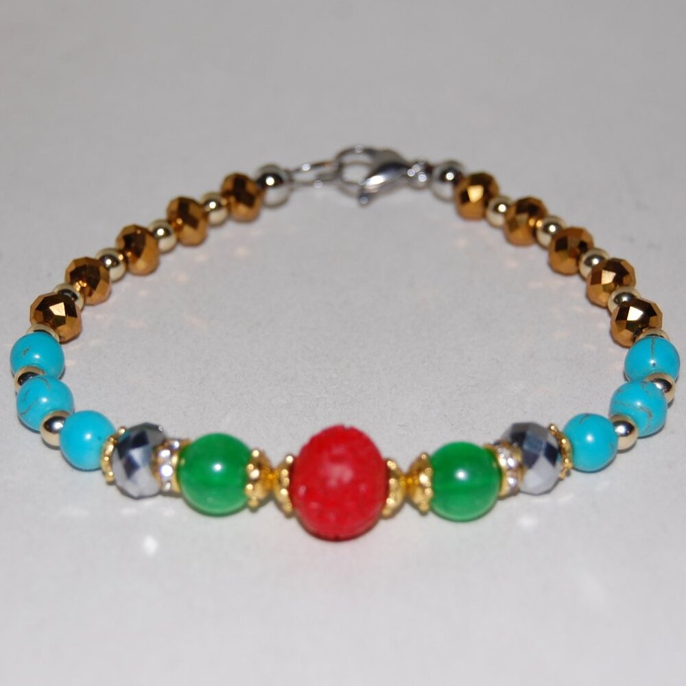 Multicolor Bracelet,Carved Charm,Stone and Glass Beads,Clasp Closure Bracelet